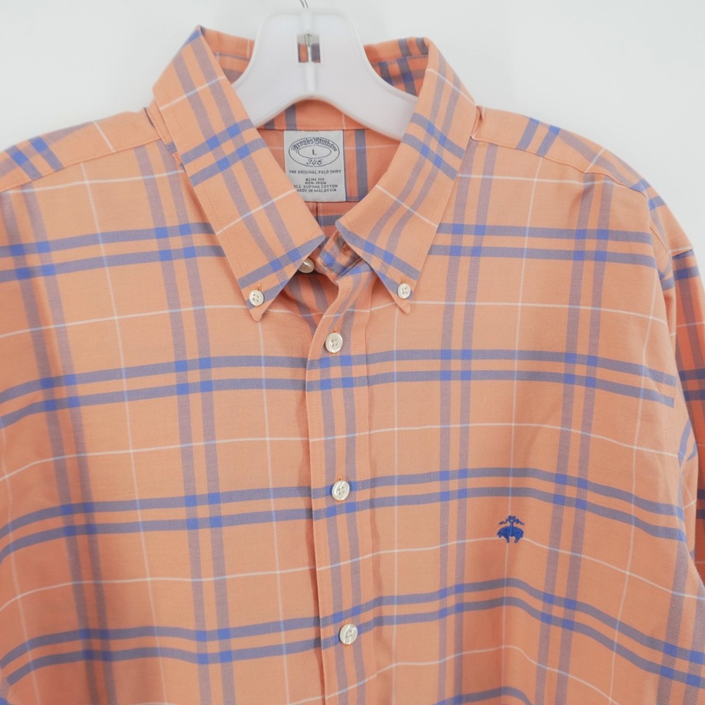 Brooks Brothers 346 Shirt Mens Large Orange Blue Plaid Slim Fit Non-Iron Cotton